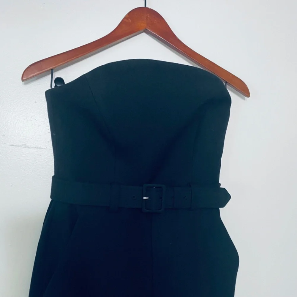 ALC Strapless Apron Front Black Tailored Belted Widish Leg Jumpsuit - Picture 14 of 16